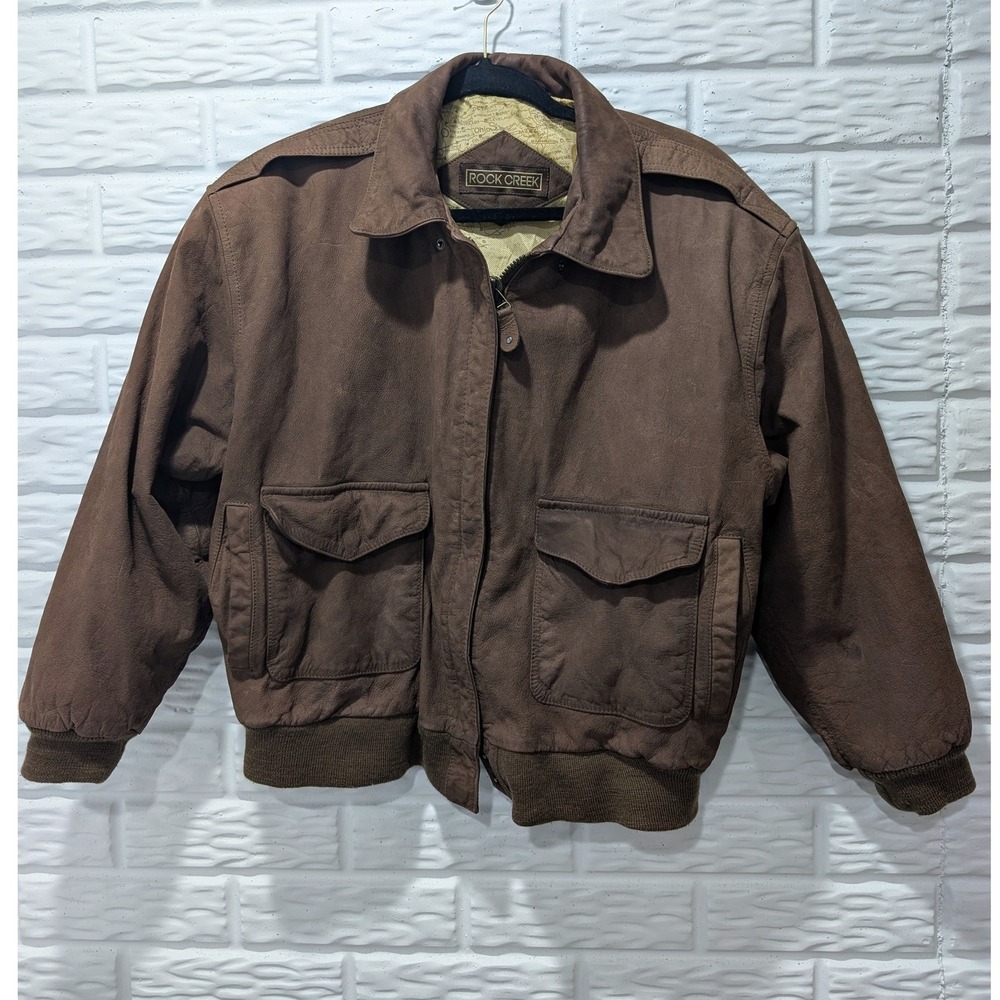 Vintage Rock Creek Brown Leather Bomber Jacket Map Print Lining Womens Medium